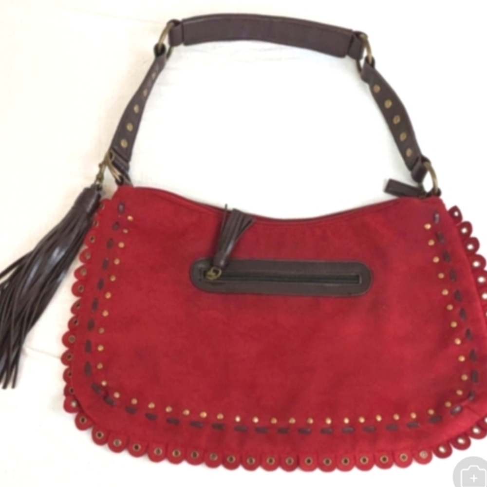 Santana Red Suede Bag with Scalloped Trim.